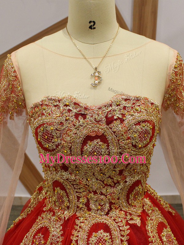 Wine Red Sweet 16 Dress Tulle Court Train Long Sleeves Beading and Appliques