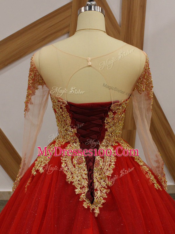 Wine Red Sweet 16 Dress Tulle Court Train Long Sleeves Beading and Appliques