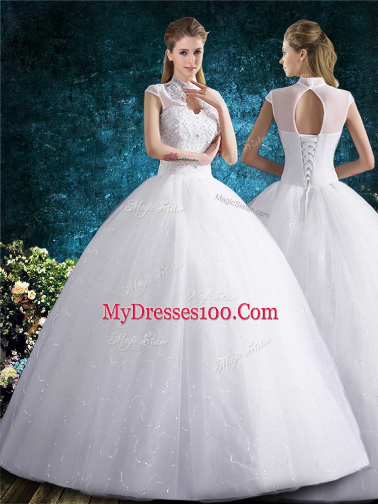 Most Popular White Ball Gowns High-neck Sleeveless Tulle Floor Length Lace Up Beading and Embroidery Bridal Gown