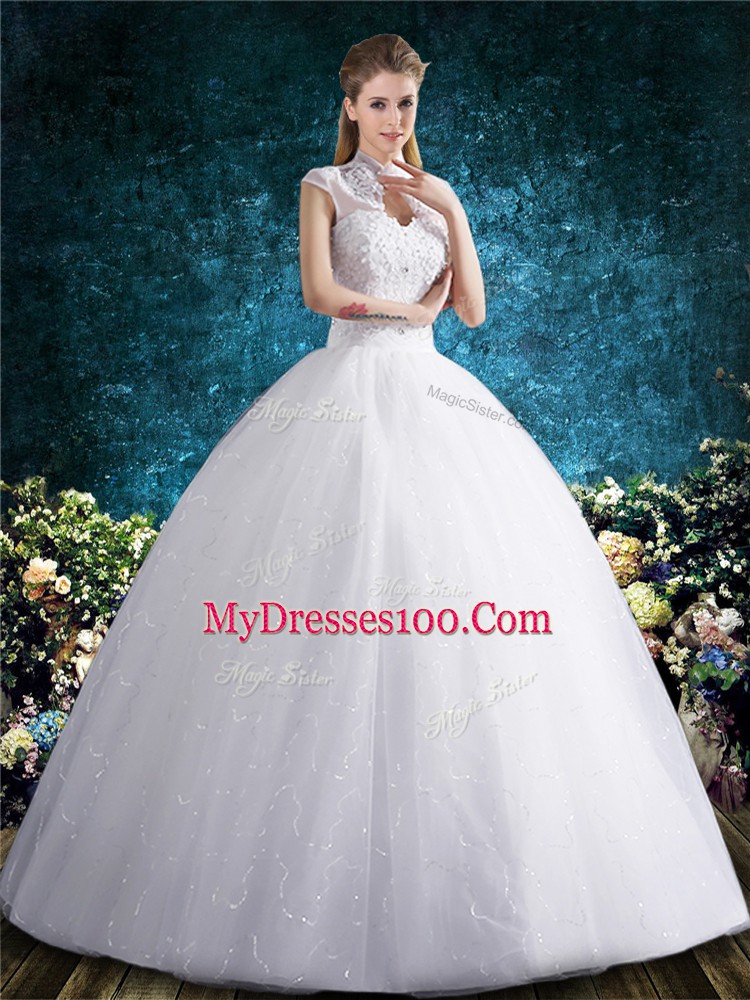 Most Popular White Ball Gowns High-neck Sleeveless Tulle Floor Length Lace Up Beading and Embroidery Bridal Gown