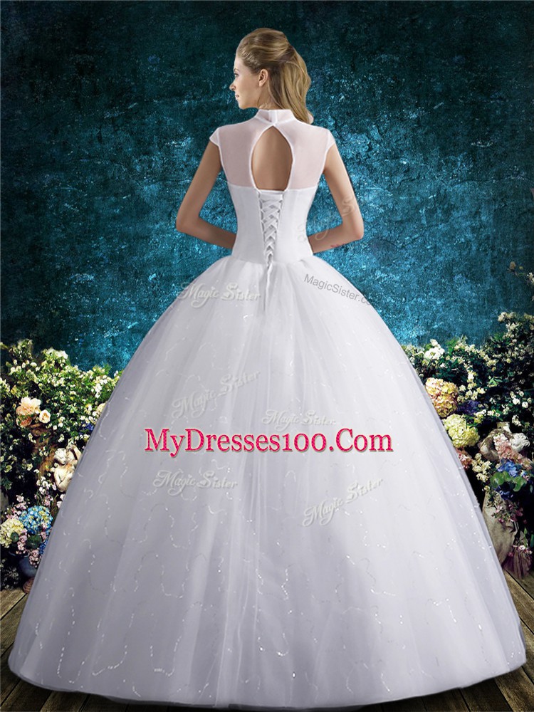 Most Popular White Ball Gowns High-neck Sleeveless Tulle Floor Length Lace Up Beading and Embroidery Bridal Gown