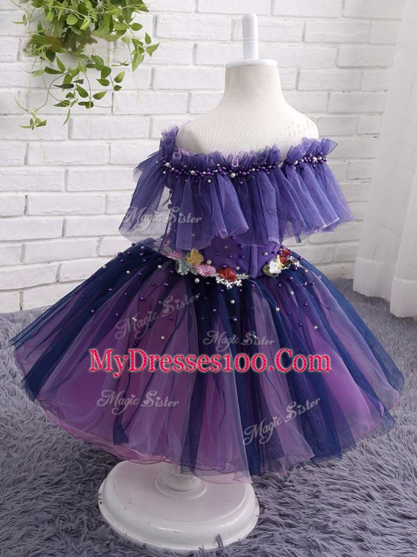 Affordable Tulle Off The Shoulder Short Sleeves Lace Up Beading and Hand Made Flower Little Girl Pageant Dress in Purple