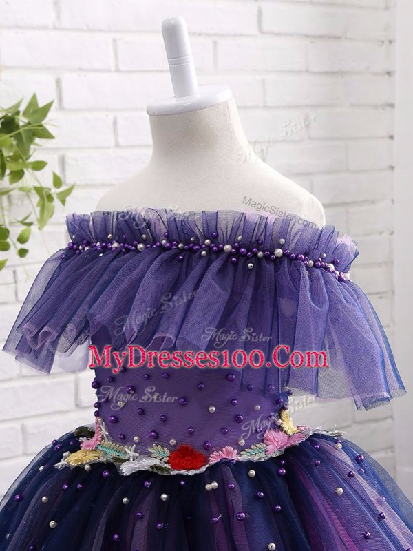 Affordable Tulle Off The Shoulder Short Sleeves Lace Up Beading and Hand Made Flower Little Girl Pageant Dress in Purple