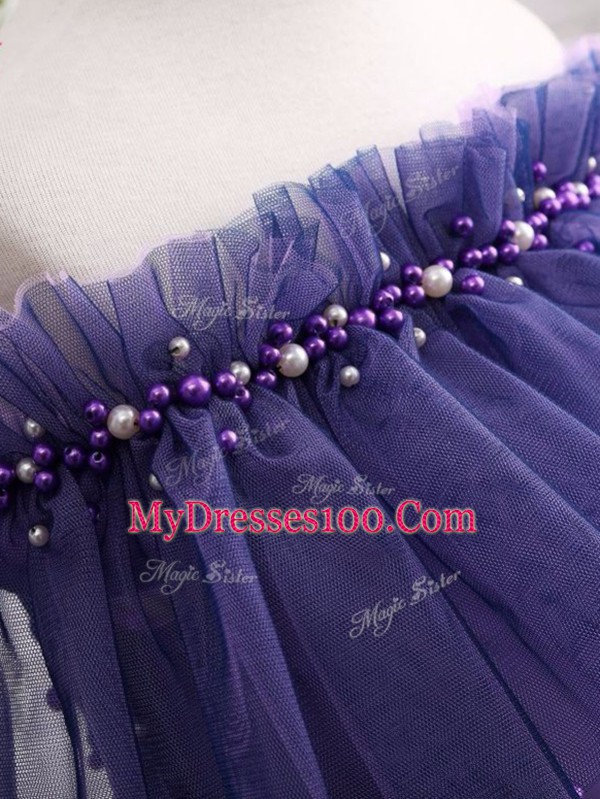 Affordable Tulle Off The Shoulder Short Sleeves Lace Up Beading and Hand Made Flower Little Girl Pageant Dress in Purple