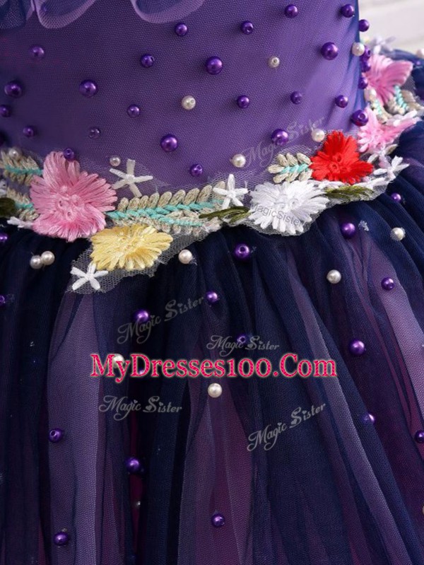 Affordable Tulle Off The Shoulder Short Sleeves Lace Up Beading and Hand Made Flower Little Girl Pageant Dress in Purple