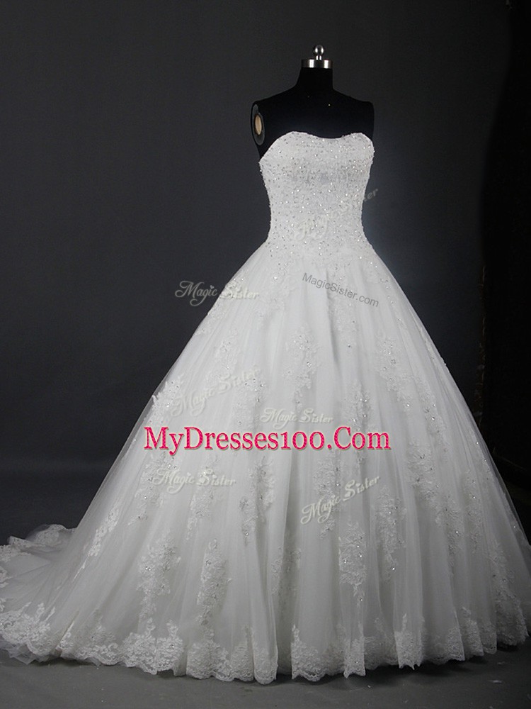 New Style White Lace Up Strapless Beading and Lace Wedding Dresses Tulle Sleeveless Brush Train