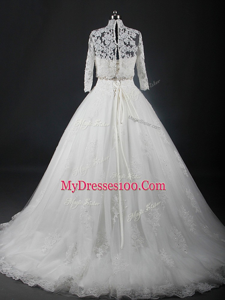 New Style White Lace Up Strapless Beading and Lace Wedding Dresses Tulle Sleeveless Brush Train