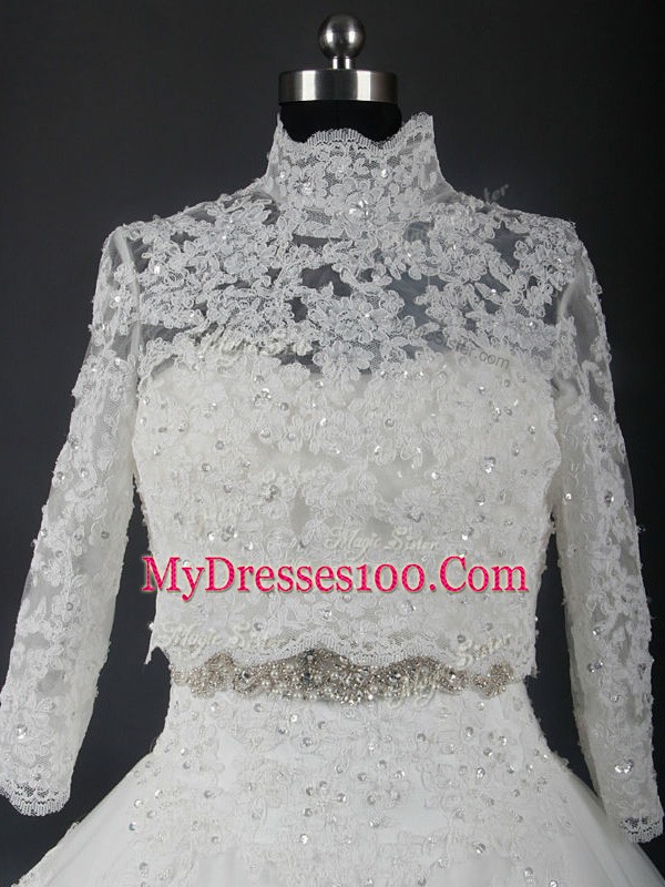 New Style White Lace Up Strapless Beading and Lace Wedding Dresses Tulle Sleeveless Brush Train