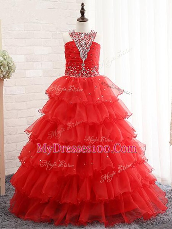 Sleeveless Organza Floor Length Lace Up Little Girls Pageant Dress Wholesale in Red with Beading and Ruffled Layers
