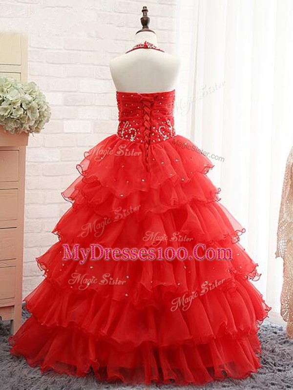 Sleeveless Organza Floor Length Lace Up Little Girls Pageant Dress Wholesale in Red with Beading and Ruffled Layers