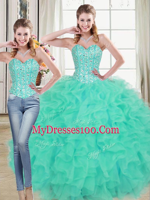 Turquoise Sleeveless Organza Brush Train Lace Up Vestidos de Quinceanera for Prom and Party and Military Ball and Sweet 16 and Quinceanera
