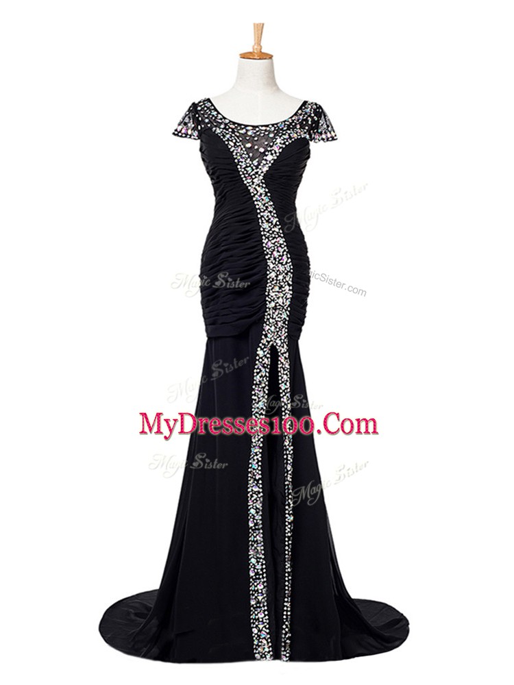 Glittering Beading and Ruching Dress for Prom Black Zipper Cap Sleeves Brush Train