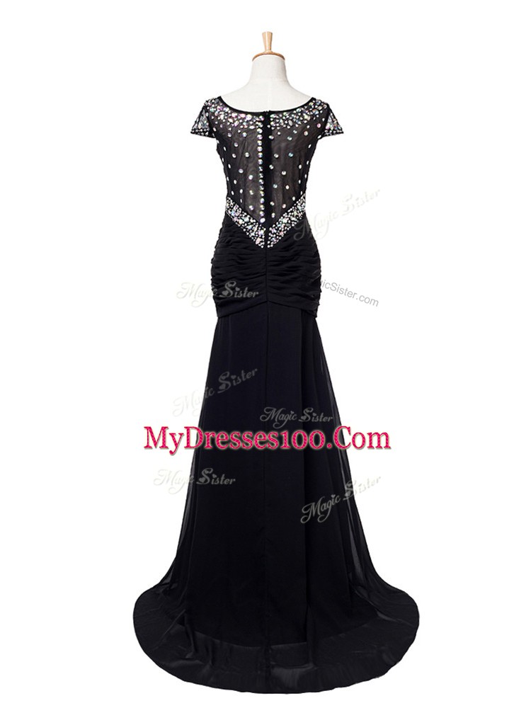 Glittering Beading and Ruching Dress for Prom Black Zipper Cap Sleeves Brush Train