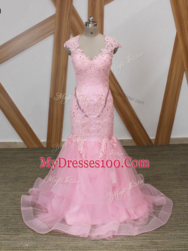 Inexpensive Beading and Lace and Appliques and Ruffles Prom Party Dress Baby Pink Backless Cap Sleeves