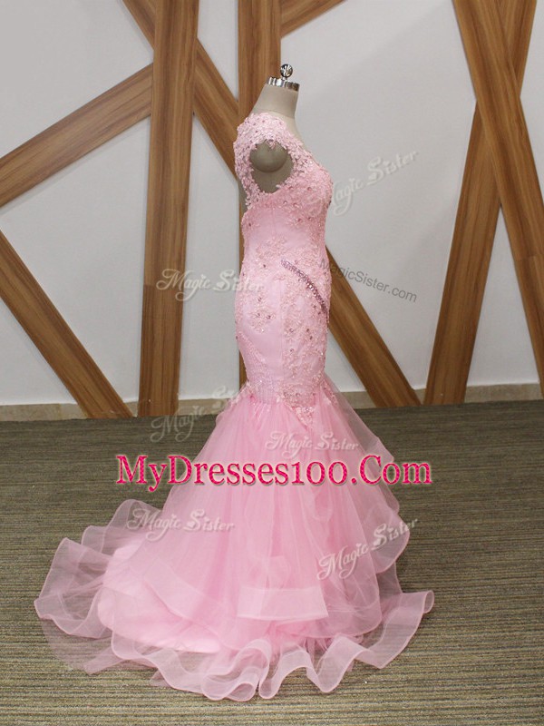 Inexpensive Beading and Lace and Appliques and Ruffles Prom Party Dress Baby Pink Backless Cap Sleeves