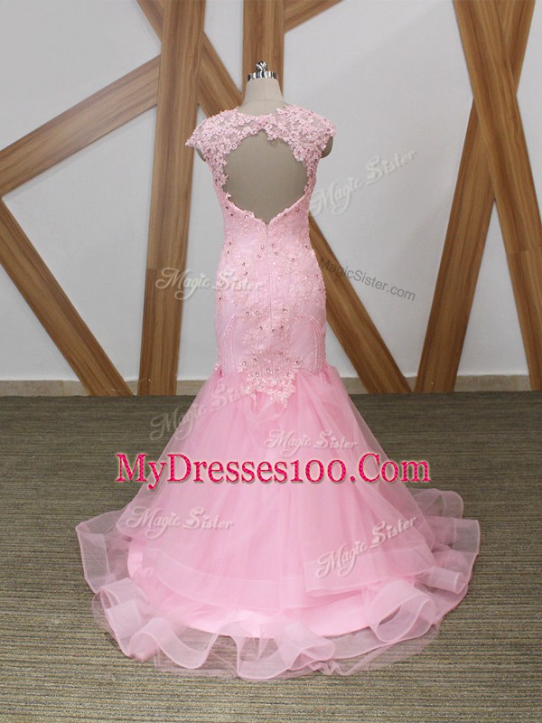 Inexpensive Beading and Lace and Appliques and Ruffles Prom Party Dress Baby Pink Backless Cap Sleeves