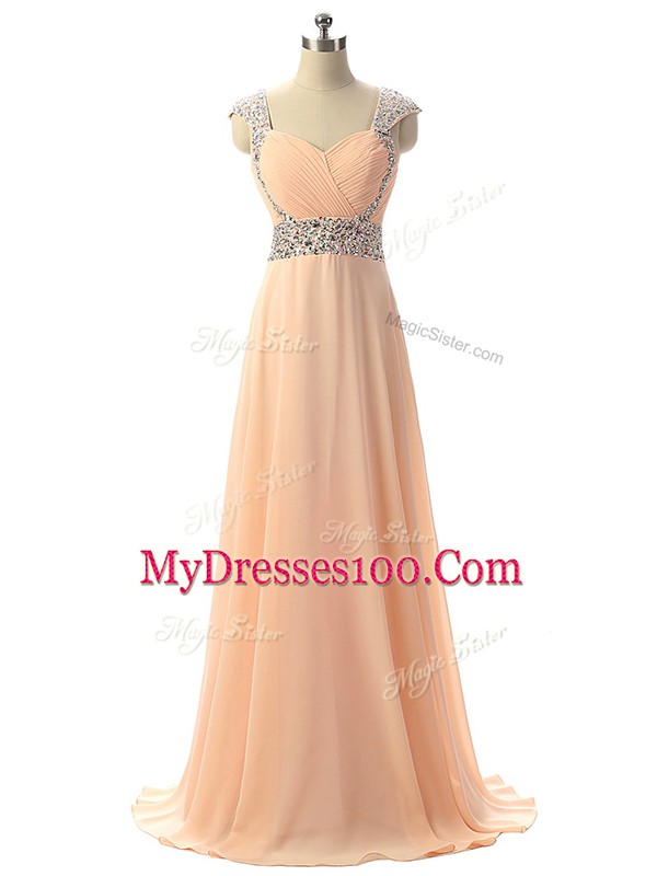 Fashionable Cap Sleeves Floor Length Beading Lace Up Prom Dresses with Peach