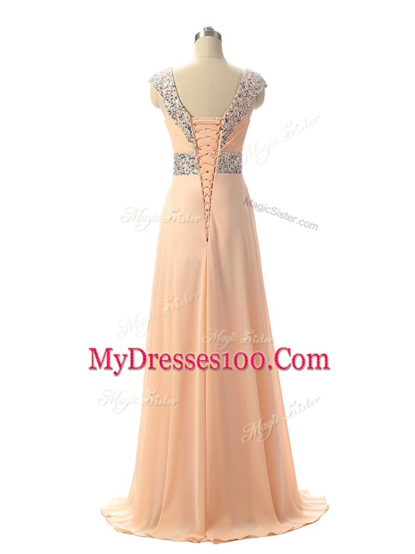 Fashionable Cap Sleeves Floor Length Beading Lace Up Prom Dresses with Peach