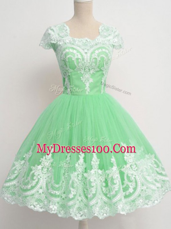 Knee Length Apple Green Damas Dress Square Cap Sleeves Zipper