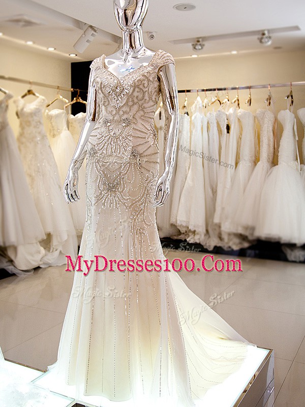 Custom Fit Champagne Tulle Backless Womens Party Dresses Cap Sleeves Brush Train Beading