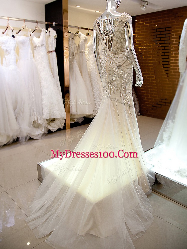 Custom Fit Champagne Tulle Backless Womens Party Dresses Cap Sleeves Brush Train Beading
