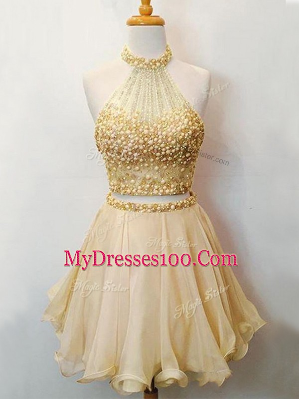 Beauteous Beading Vestidos de Damas Champagne Lace Up Sleeveless Knee Length