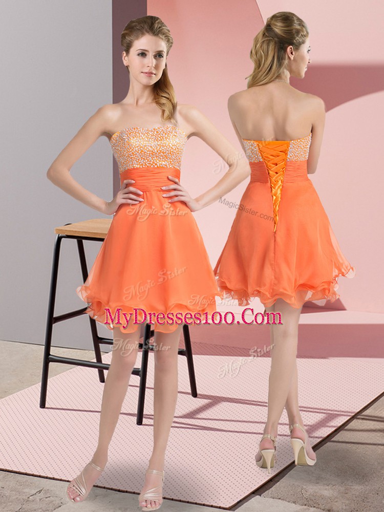Romantic Orange A-line Sweetheart Sleeveless Chiffon Mini Length Lace Up Beading Prom Dress