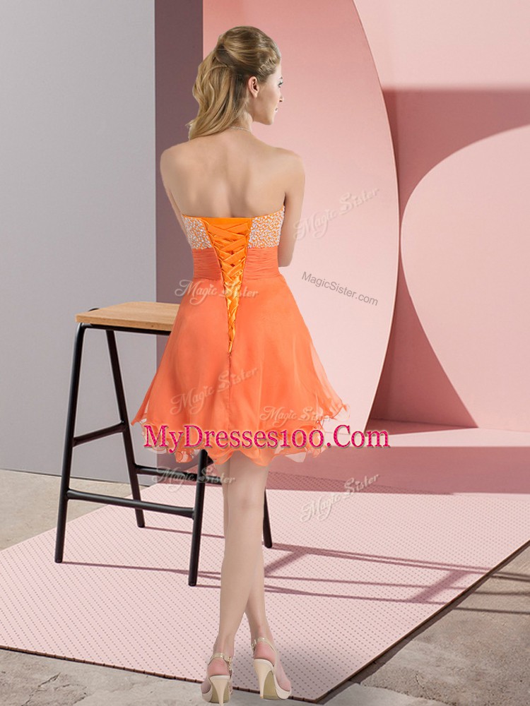 Romantic Orange A-line Sweetheart Sleeveless Chiffon Mini Length Lace Up Beading Prom Dress