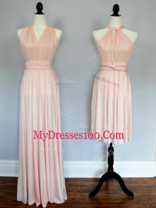 Baby Pink and Peach Chiffon Lace Up Bridesmaid Dress Sleeveless Floor Length Ruching