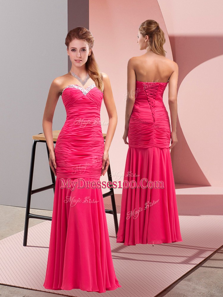 Modest Hot Pink Mermaid Sweetheart Sleeveless Chiffon Floor Length Lace Up Sequins