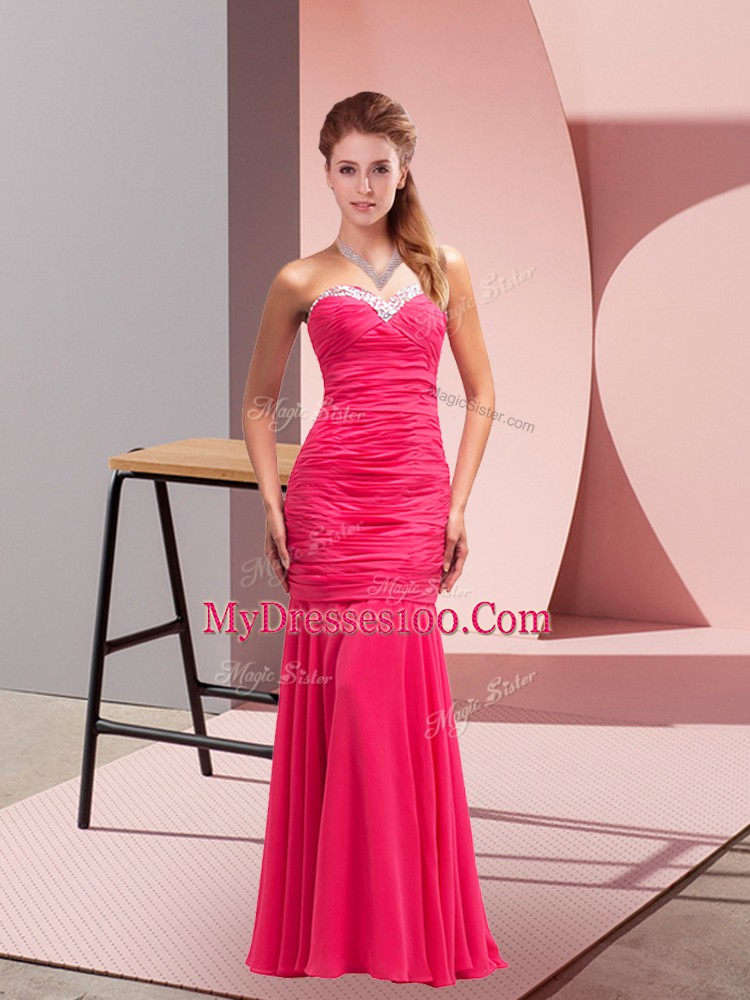 Modest Hot Pink Mermaid Sweetheart Sleeveless Chiffon Floor Length Lace Up Sequins