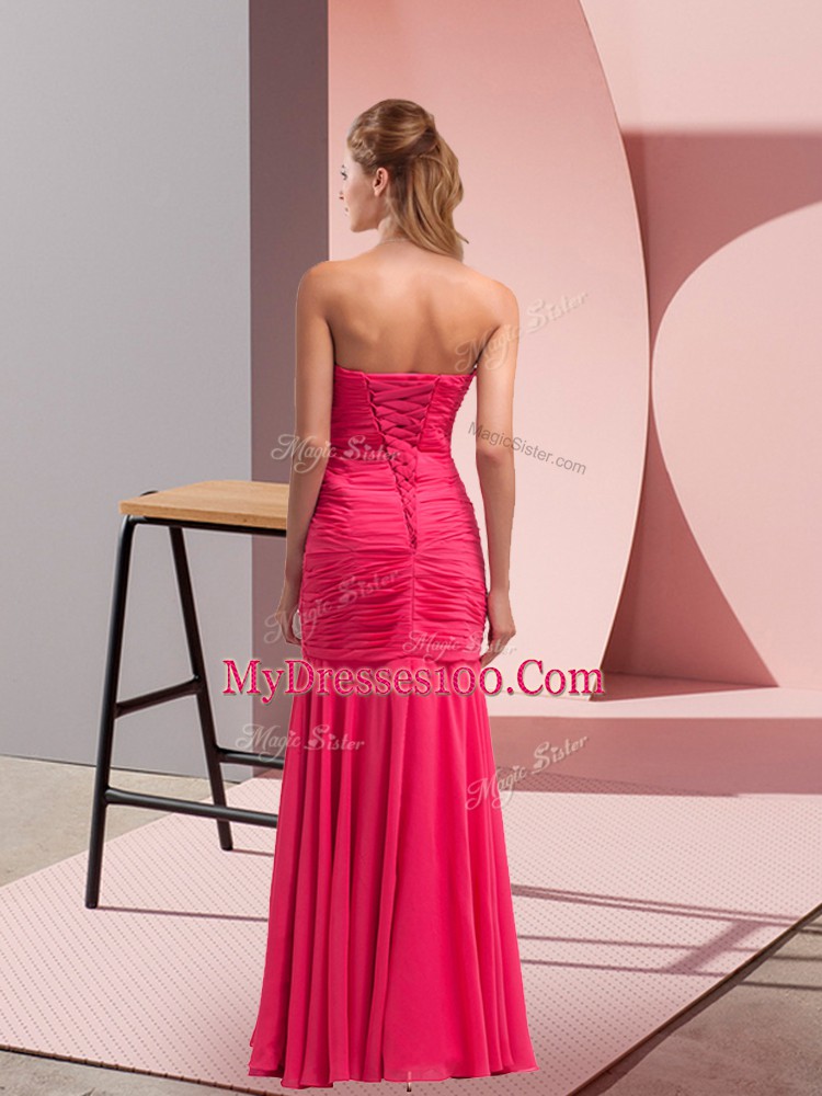 Modest Hot Pink Mermaid Sweetheart Sleeveless Chiffon Floor Length Lace Up Sequins