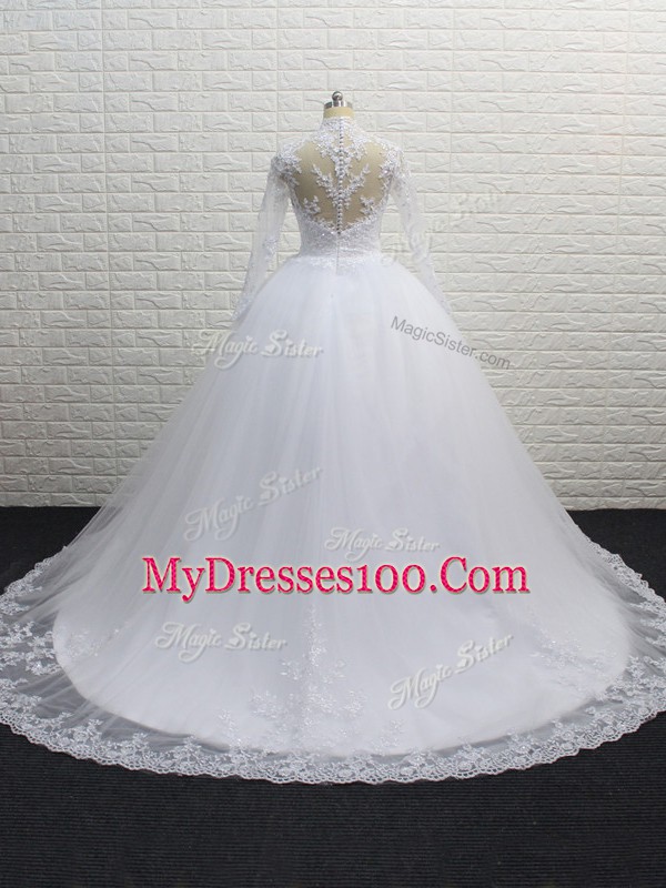 Eye-catching White Wedding Gown Tulle Brush Train Long Sleeves Lace
