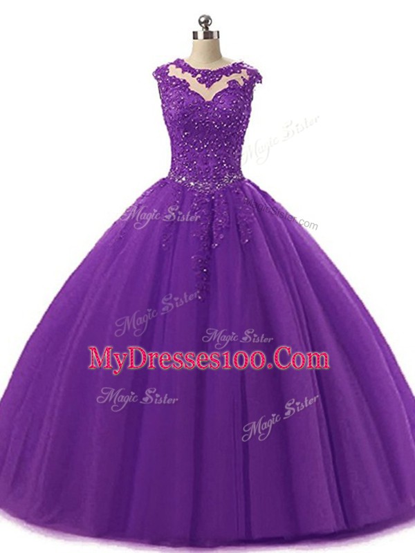 Dark Purple Ball Gowns Beading and Lace Quinceanera Gown Lace Up Tulle Sleeveless Floor Length