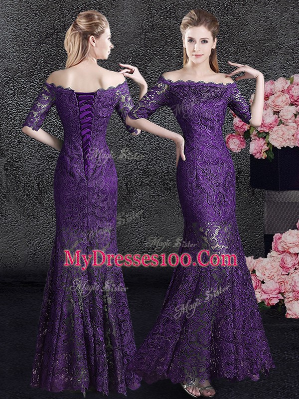 Sumptuous Mermaid Off the Shoulder Eggplant Purple Half Sleeves Floor Length Lace Lace Up Mother of the Bride Dress