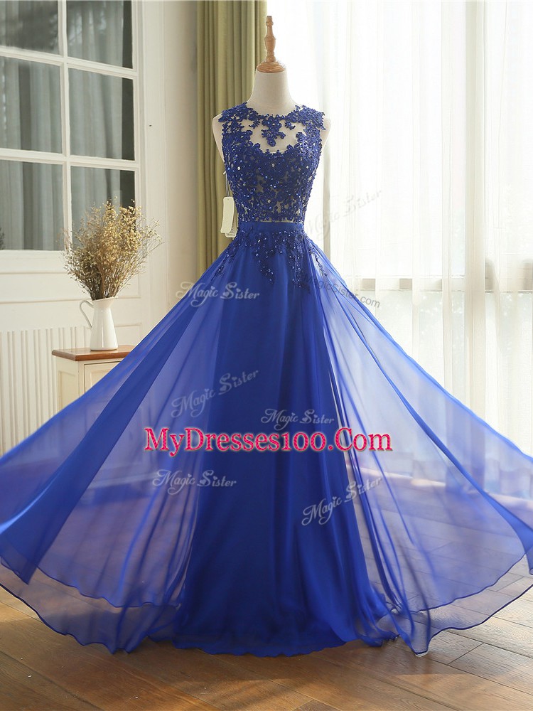 Suitable Royal Blue Empire Scoop Sleeveless Chiffon Floor Length Zipper Appliques Dress for Prom