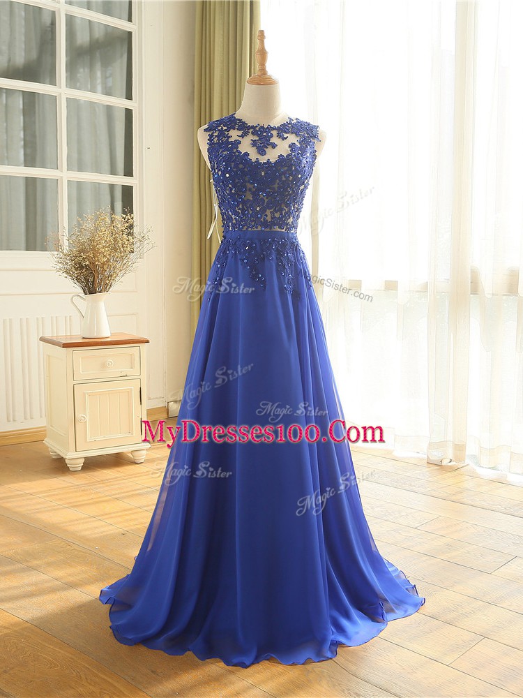 Suitable Royal Blue Empire Scoop Sleeveless Chiffon Floor Length Zipper Appliques Dress for Prom
