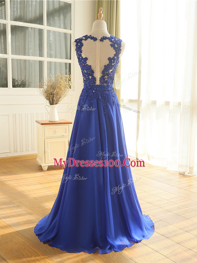 Suitable Royal Blue Empire Scoop Sleeveless Chiffon Floor Length Zipper Appliques Dress for Prom