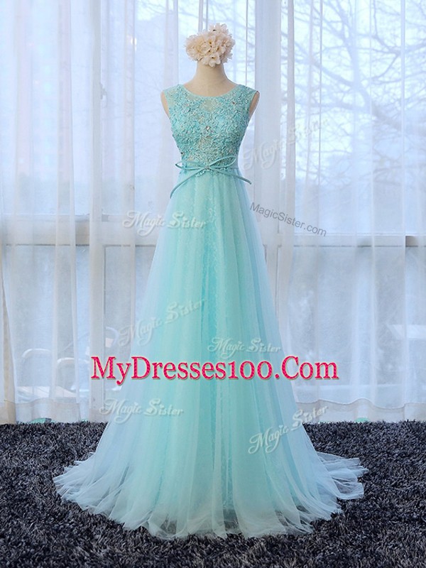 Colorful Apple Green Tulle Zipper Wedding Guest Dresses Sleeveless Brush Train Lace and Bowknot