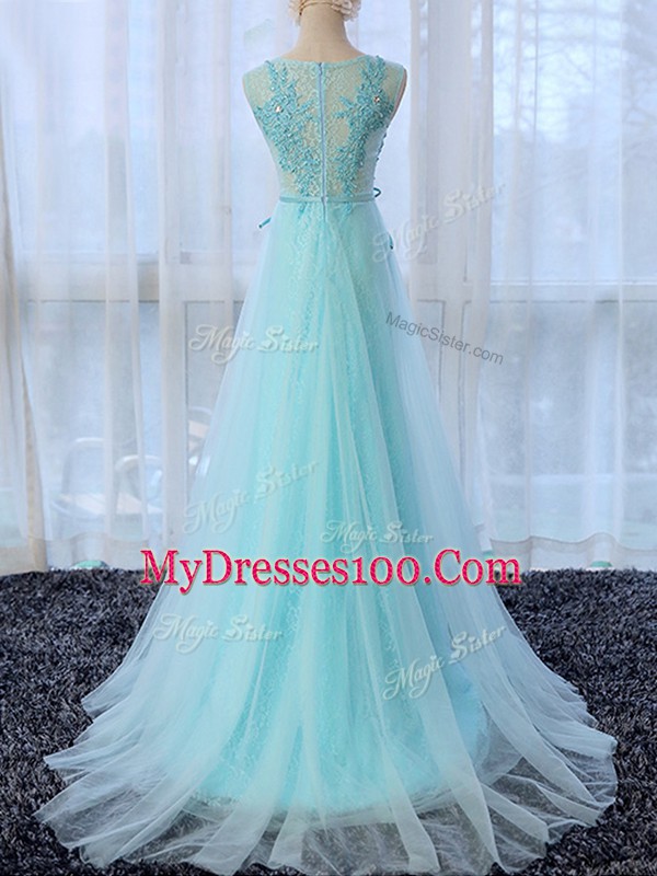 Colorful Apple Green Tulle Zipper Wedding Guest Dresses Sleeveless Brush Train Lace and Bowknot