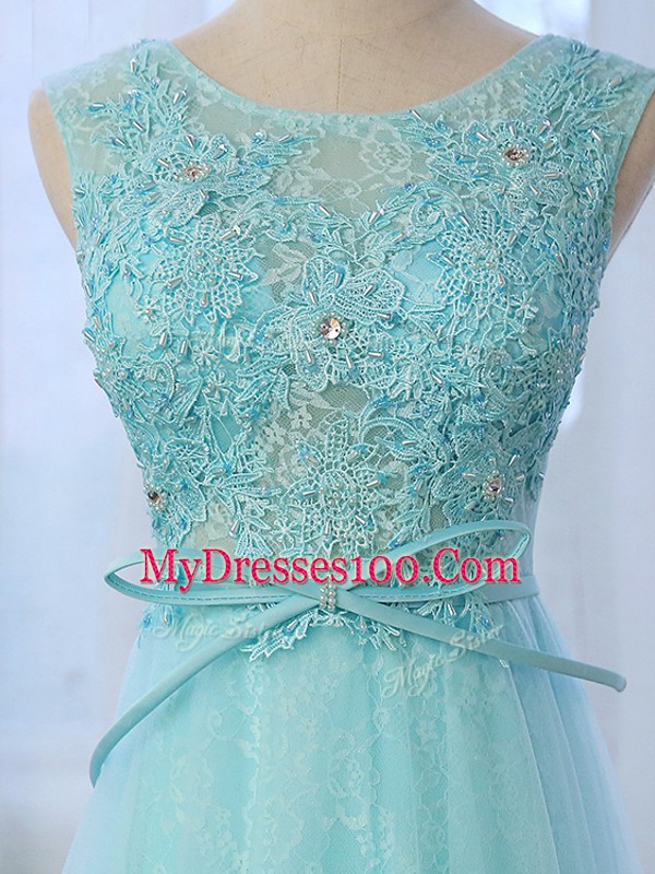 Colorful Apple Green Tulle Zipper Wedding Guest Dresses Sleeveless Brush Train Lace and Bowknot