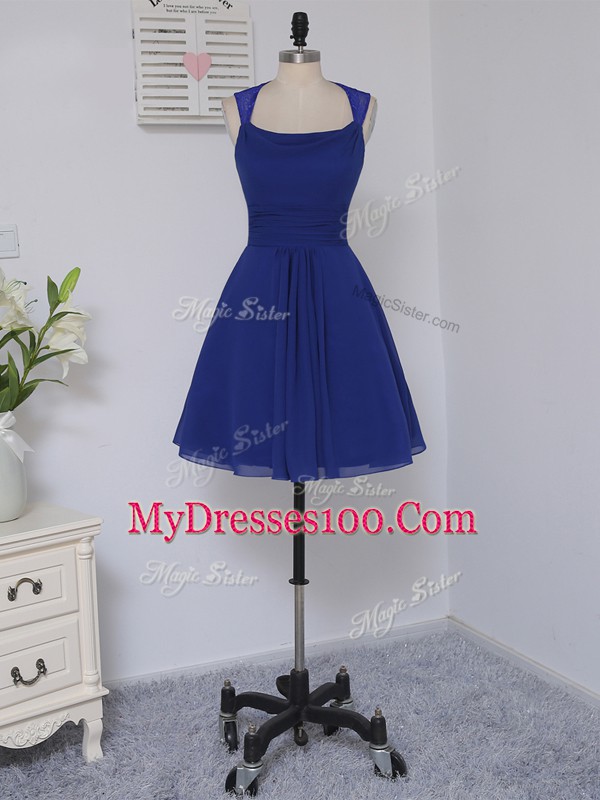 Beauteous Sleeveless Chiffon Mini Length Zipper Bridesmaids Dress in Royal Blue with Lace