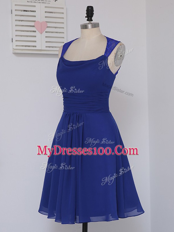 Beauteous Sleeveless Chiffon Mini Length Zipper Bridesmaids Dress in Royal Blue with Lace