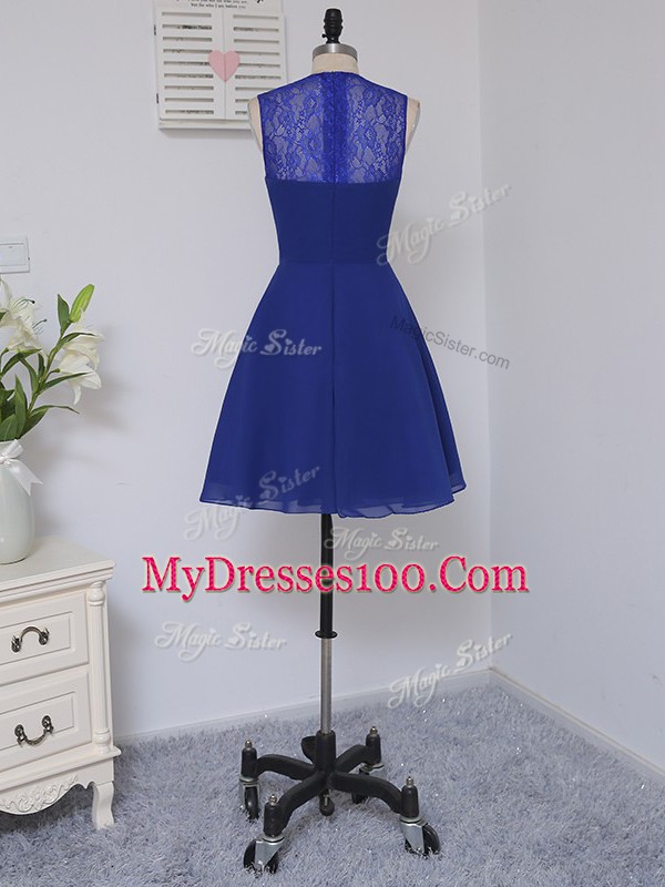 Beauteous Sleeveless Chiffon Mini Length Zipper Bridesmaids Dress in Royal Blue with Lace