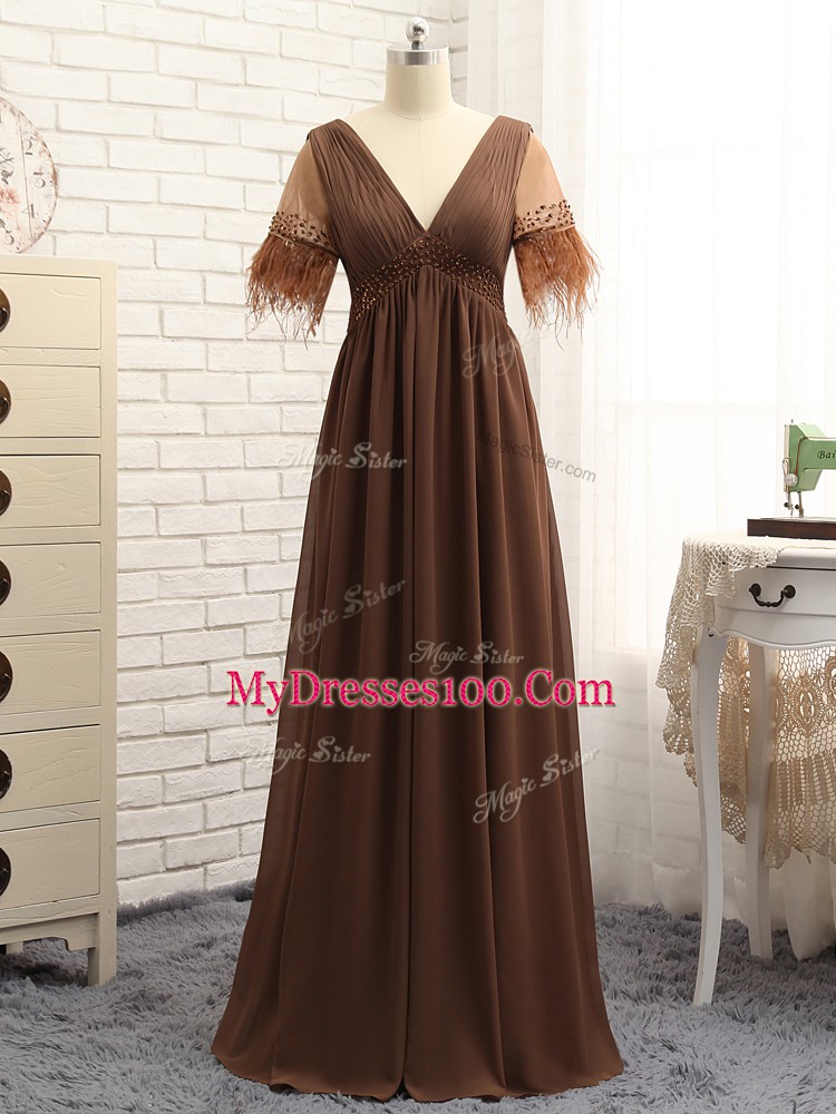 Most Popular Beading and Ruching Mother Of The Bride Dress Brown Zipper Sleeveless Floor Length