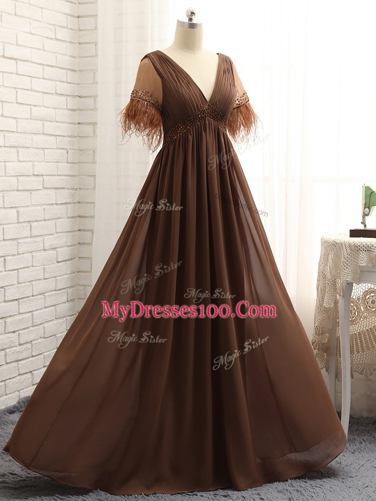 Most Popular Beading and Ruching Mother Of The Bride Dress Brown Zipper Sleeveless Floor Length