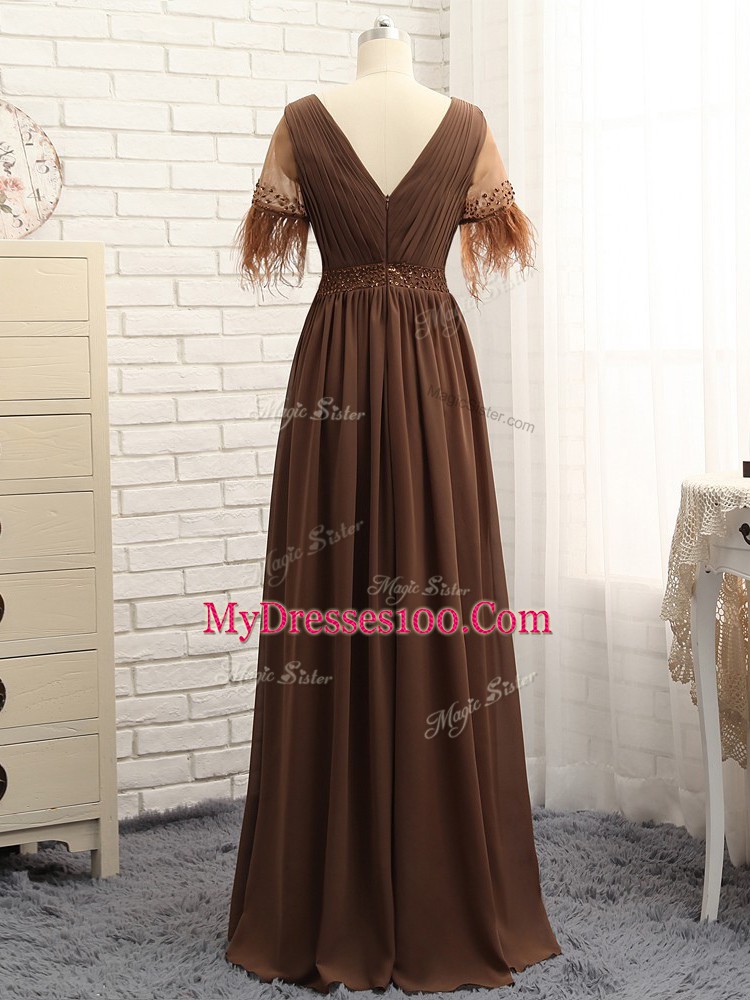Most Popular Beading and Ruching Mother Of The Bride Dress Brown Zipper Sleeveless Floor Length