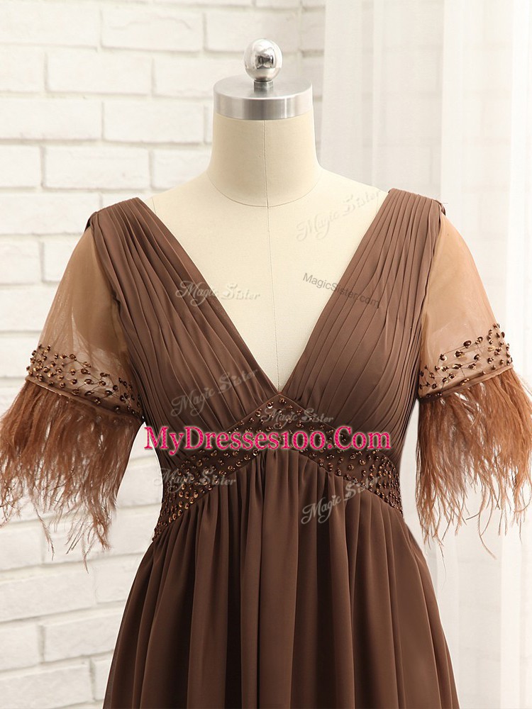 Most Popular Beading and Ruching Mother Of The Bride Dress Brown Zipper Sleeveless Floor Length