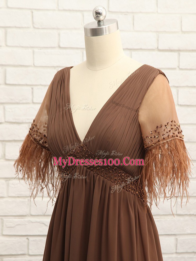 Most Popular Beading and Ruching Mother Of The Bride Dress Brown Zipper Sleeveless Floor Length