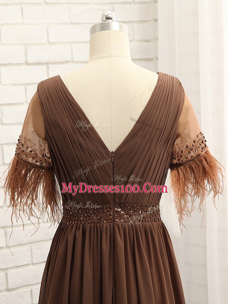 Most Popular Beading and Ruching Mother Of The Bride Dress Brown Zipper Sleeveless Floor Length